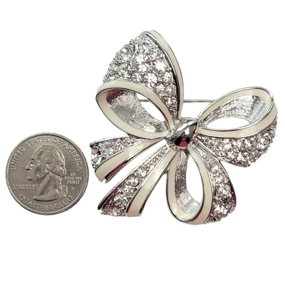 Nolan Miller Vintage Silver Tone White Enamel Clear Rhinestone Bow Brooch Signed - Picture 2 of 9